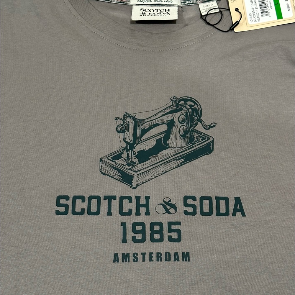 Scotch & Soda Gray Graphic Short Sleeve Tee with Dark Teal Print